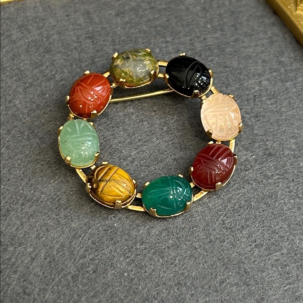 Multi Gemstone Scarab Cabochon Circle Brooch - Women Jewelry